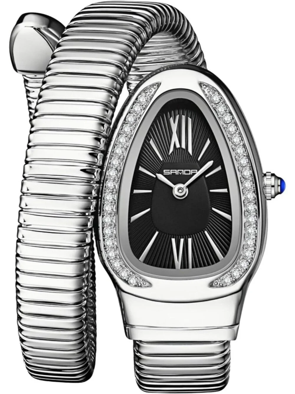 Women's Silver Black Elegant Wrap Around Bangle Fashion Snake Cuff Wrist Watches